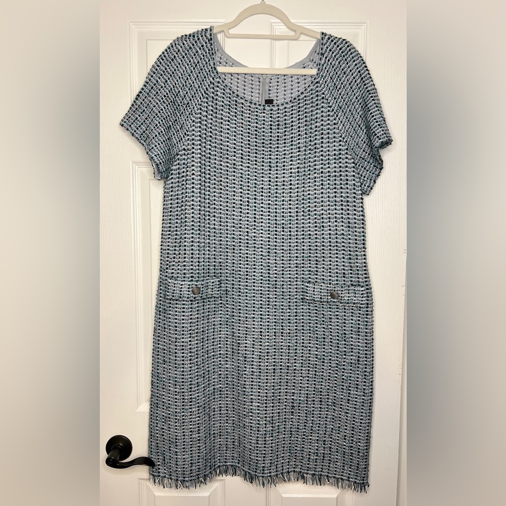 St. John Teal Blue Tweed Knit Fringe Hem Dress | Size 14